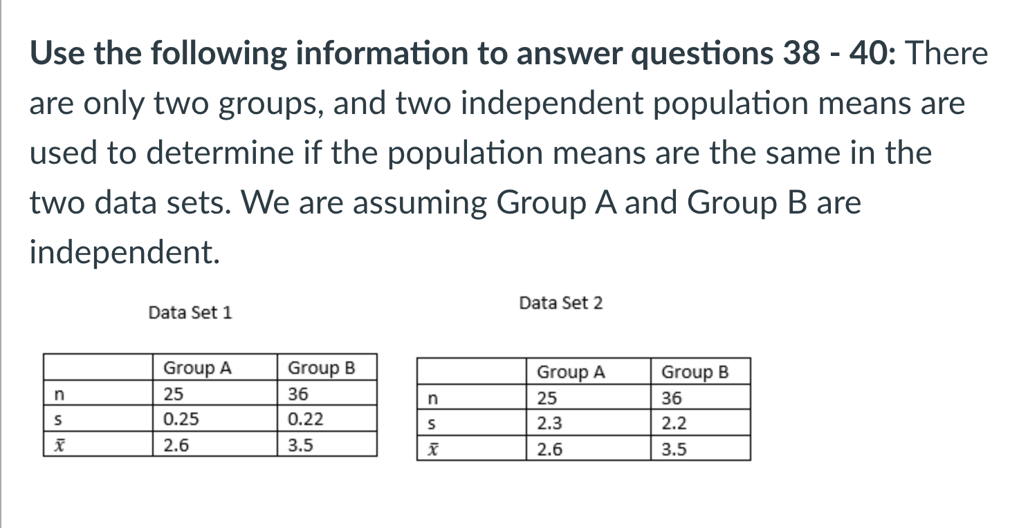 Please help solve:context: Use the following information to answer questions 38 -