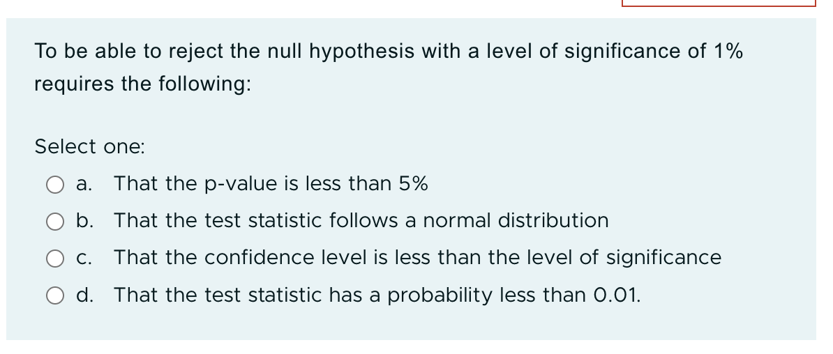 Q a. probability of rejecting the null hypothesis = 5% O b.