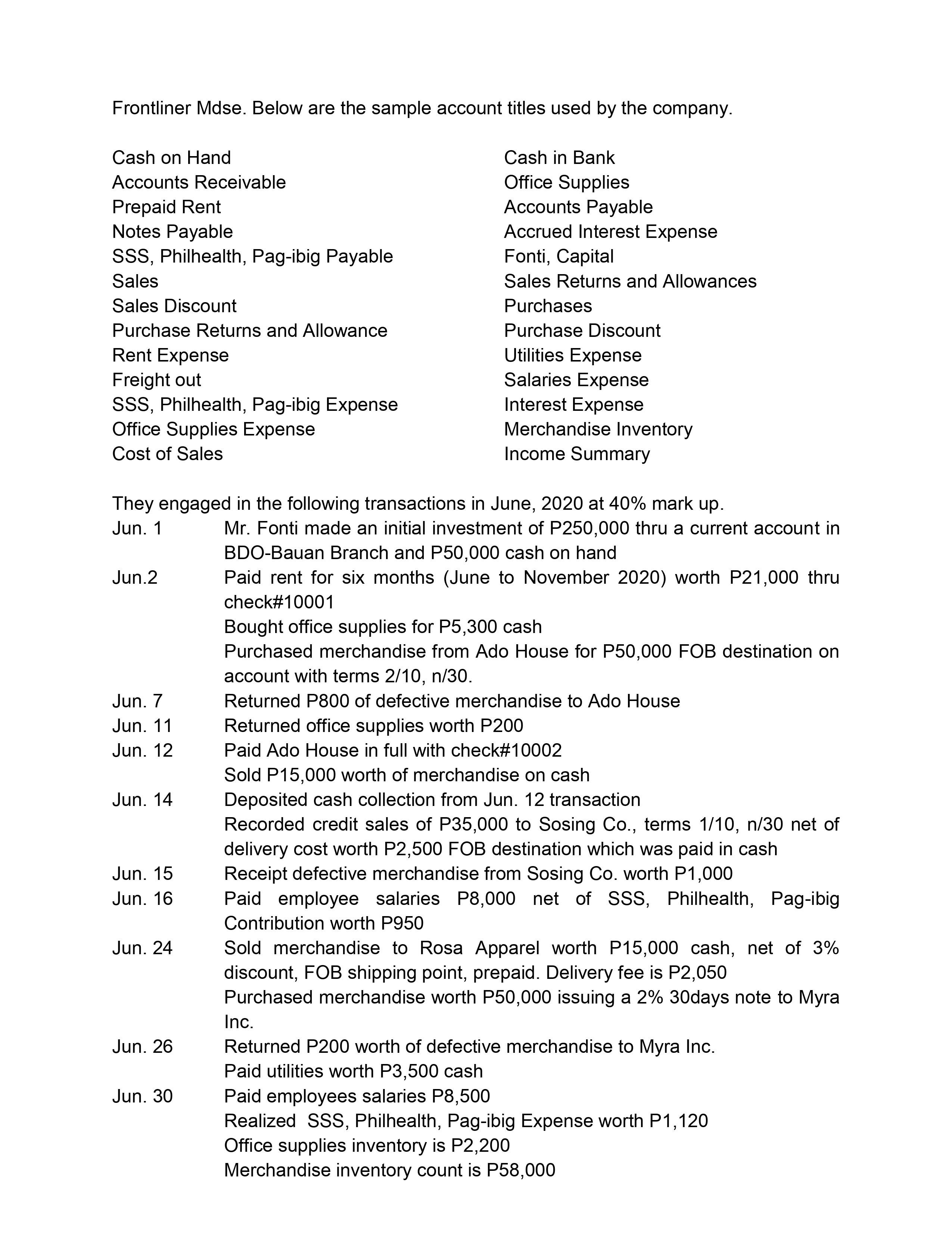 Requirement: Using Perpetual and Periodic Inventory System, do the Post-closing Trial Balance