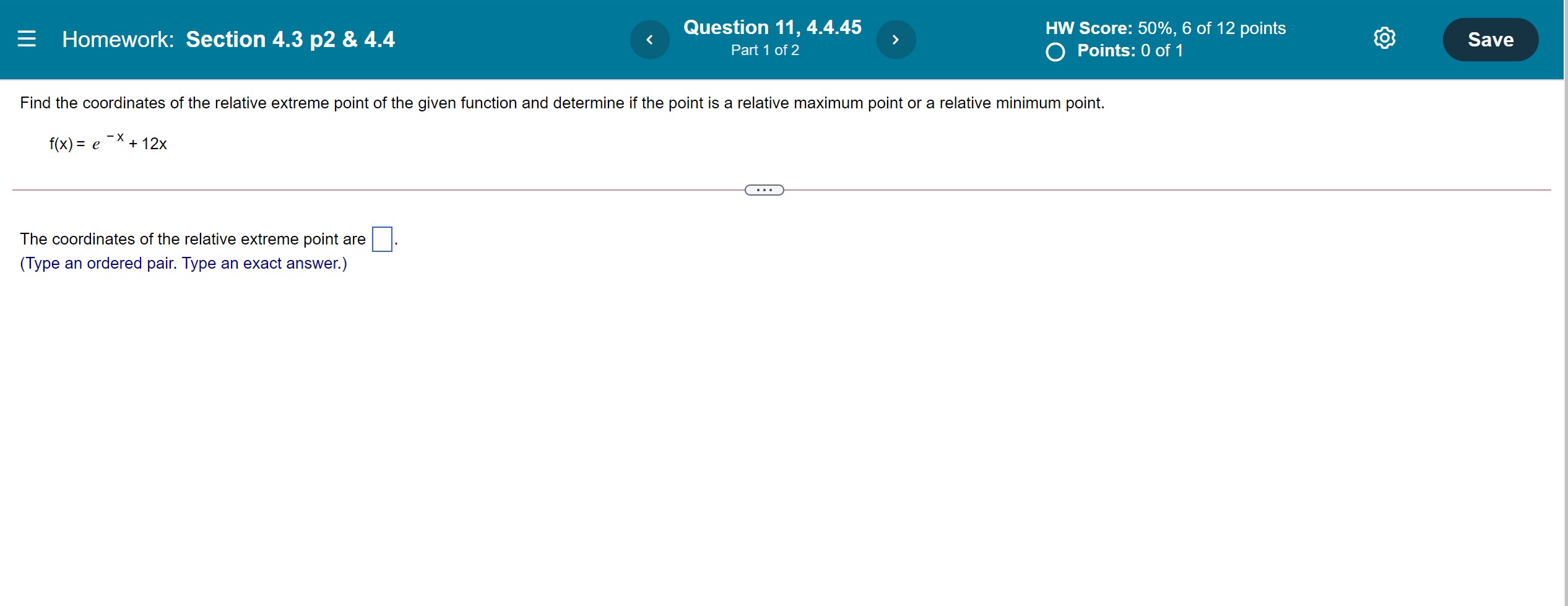 Score: 50%, 6 of 12 points O Points: 0 of 1 Save