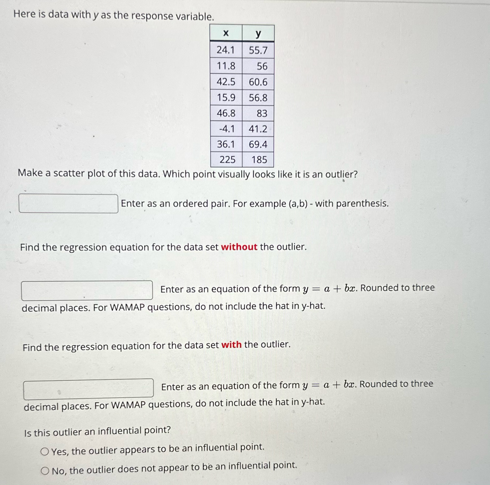  Here is data withy as the response variable. Make a scatter