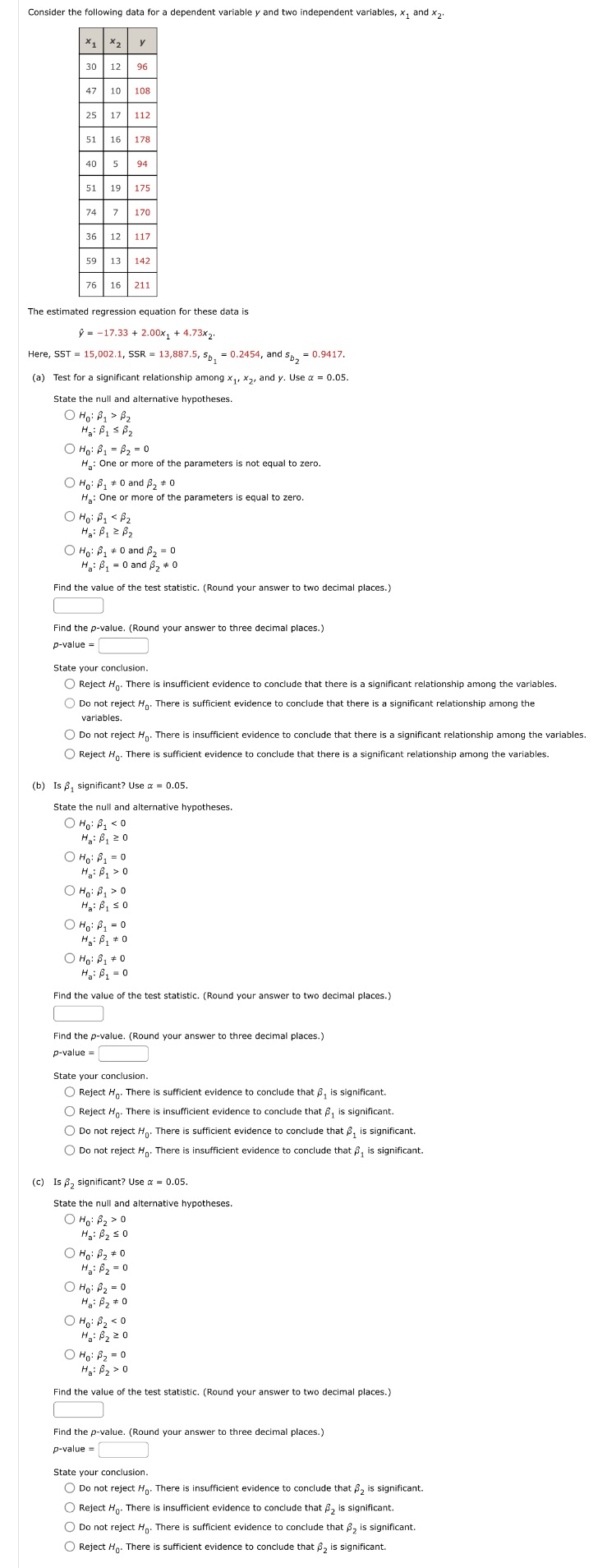  Consider the following data for a dependent variable y and two