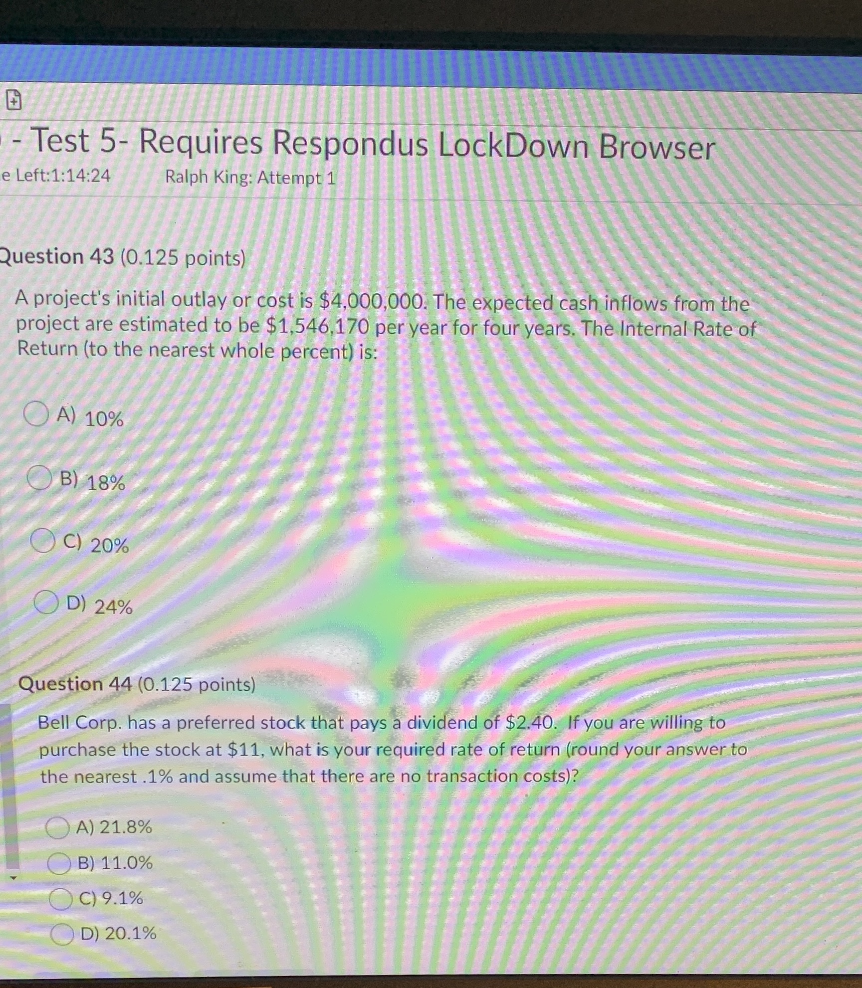  -Test 5- Requires Respondus LockDown Browser e Left:1:14:24 Ralph King: Attempt