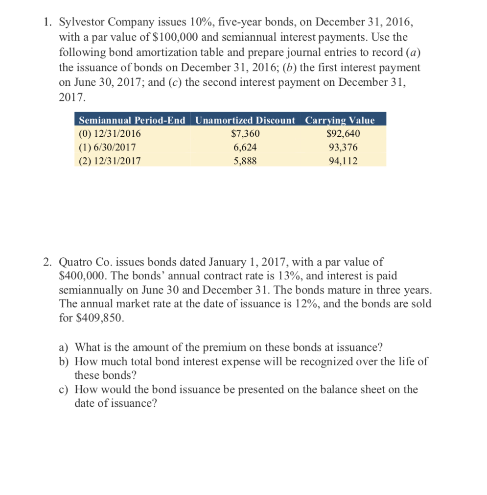 Help with chapter 10 problems 1. Sylvestor Company issues 10%, ve-year bonds,