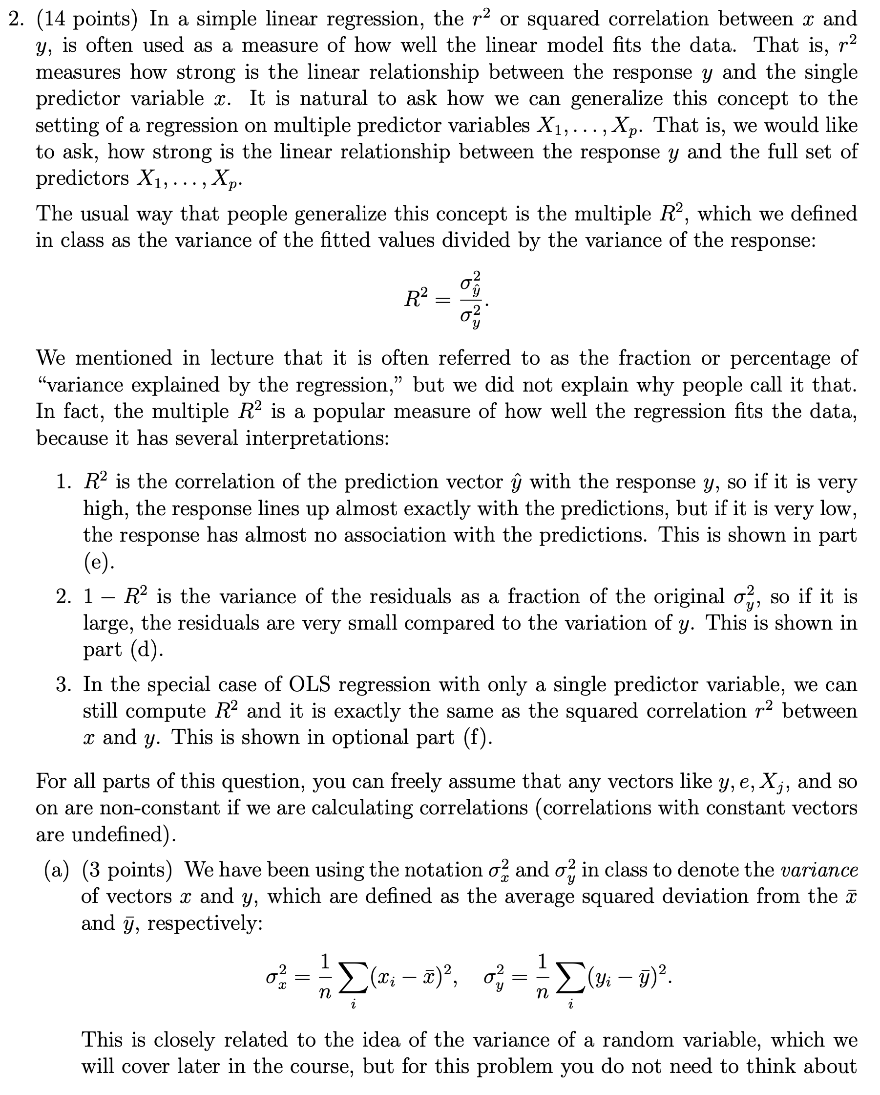 2. (14 points) In a simple linear regression, the r2 or