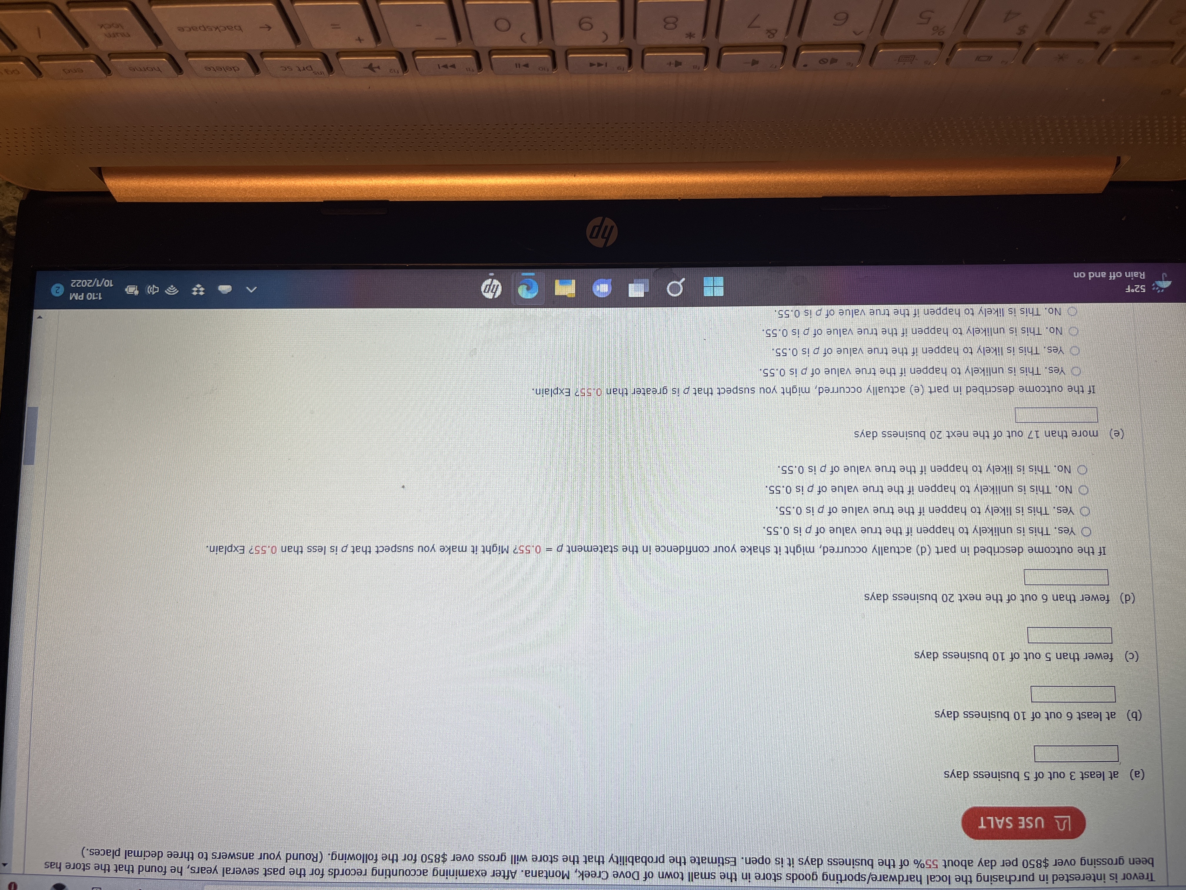 Probability & statistics Trevor is interested in purchasing the local hardware/sporting goods