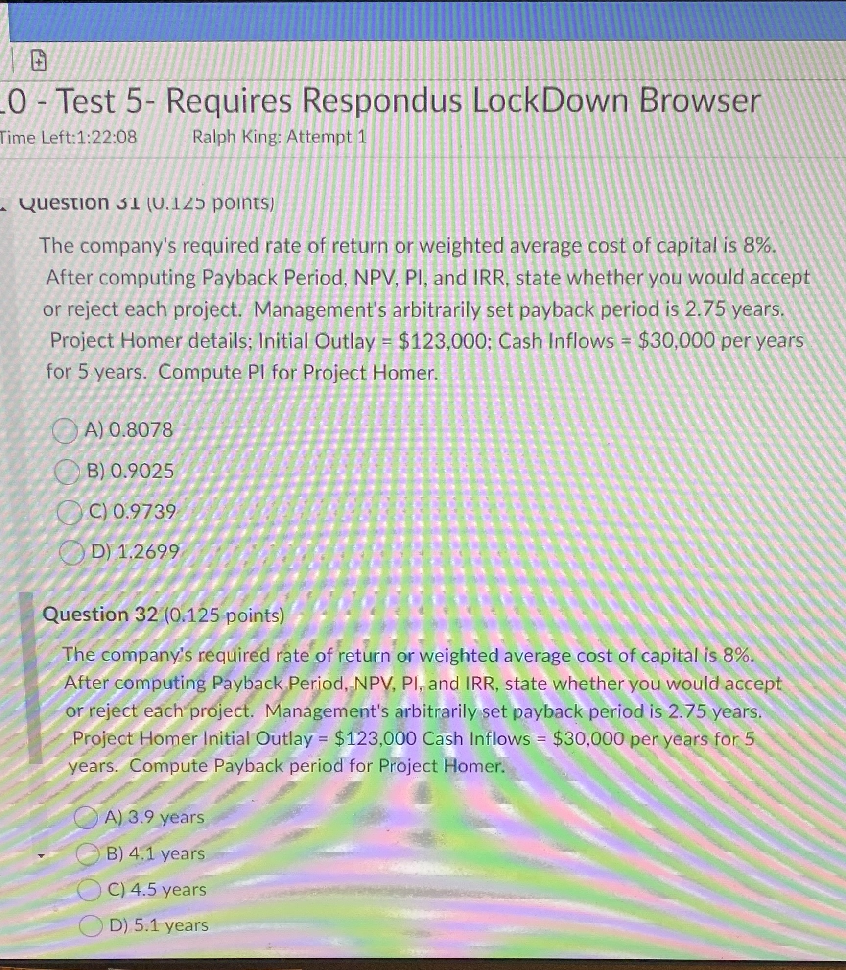  0 - Test 5- Requires Respondus LockDown Browser Time Left:1:22:08 Ralph