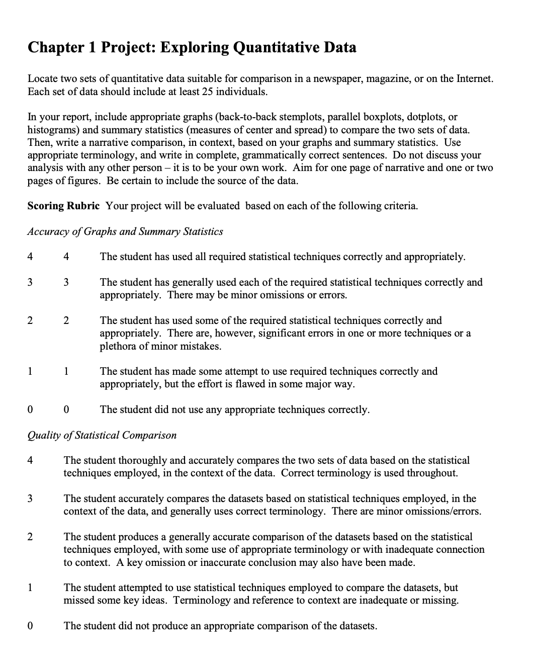  Chapter 1 Project: Exploring Quantitative Data Locate two sets of quantitative