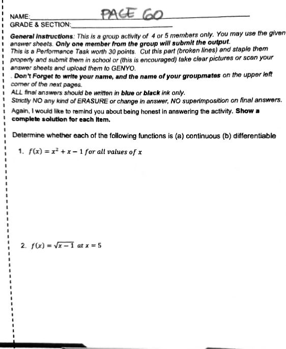 PACE 60 GRADE & SECTION: General Instructions: This is a group activity