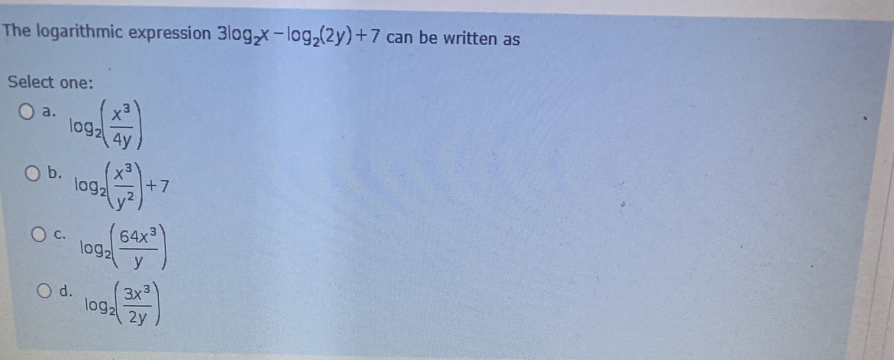 The logarithmic expression 3log2x - log2(2y) +7 can be written as