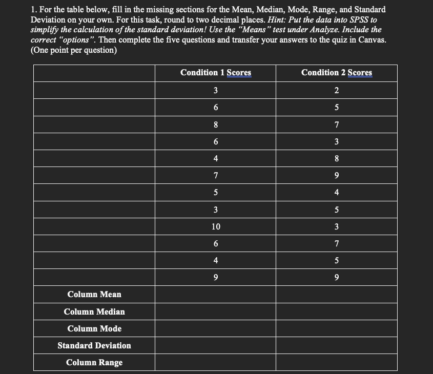 1. For the table below, fill in the missing sections for