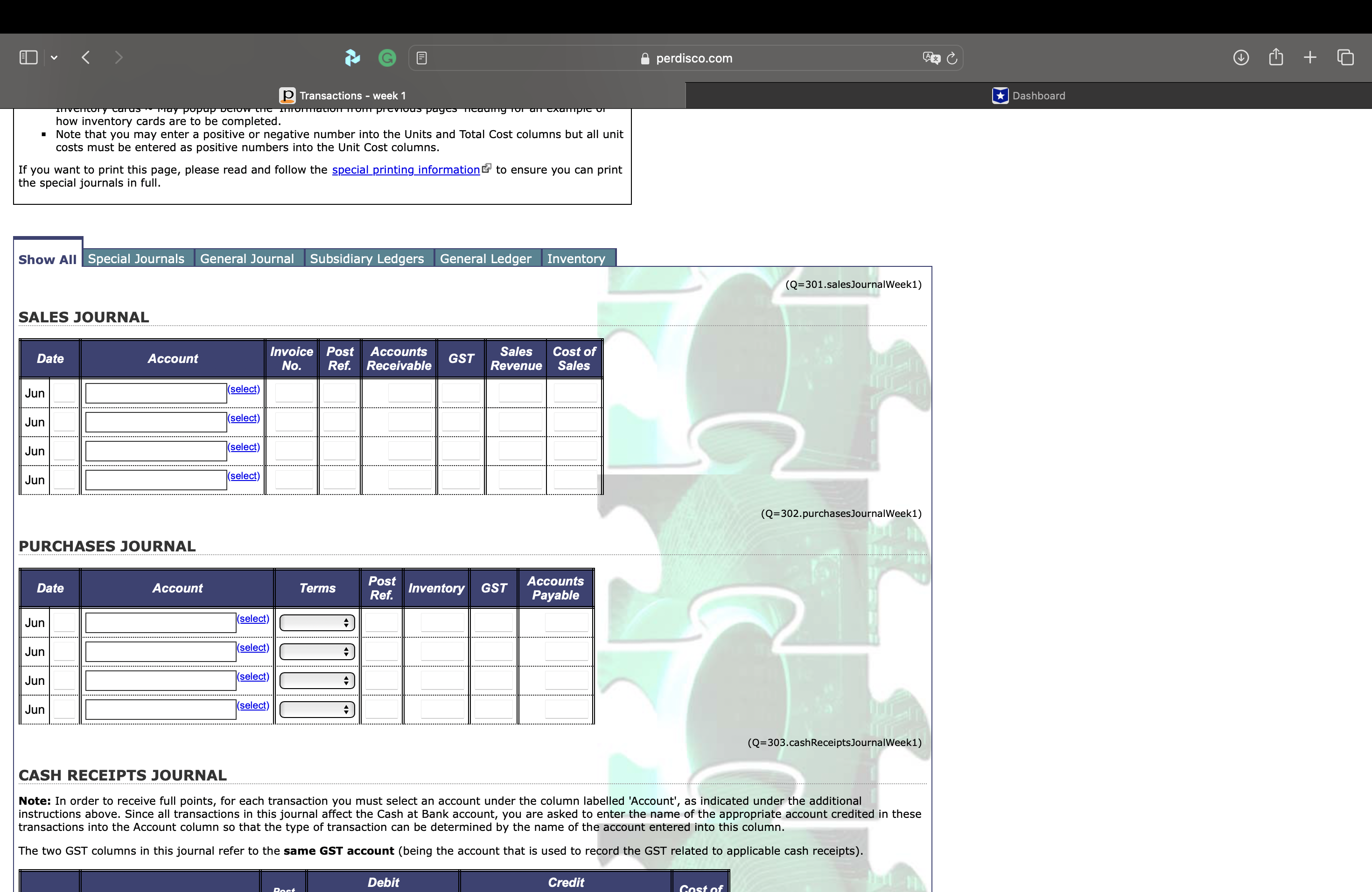 On this page of the practice set, you are asked to record