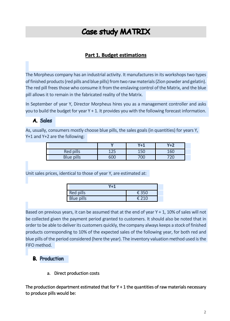  Case study MATRIX Part 1. Budget estimations The Morpheus company has