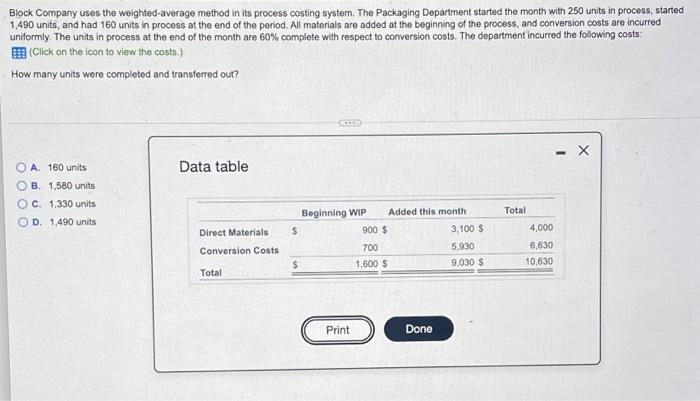  Block Company uses the weighted average method in its process costing