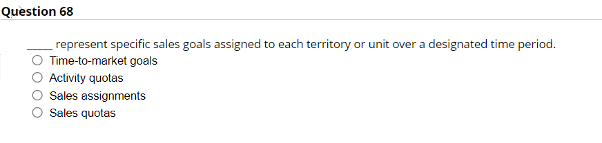 Question 68 represent specific sales goals assigned to each territory or