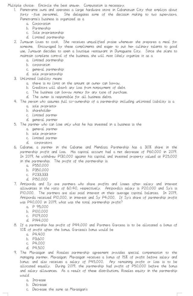 explanation please Multiple choice: Encircle the best answer. Computation is necessary. 1.