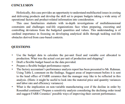 at bay. Also, the case provides an opportunity to prepare budgets based