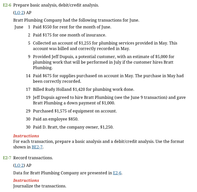 ------------a) E2-6 Prepare basic analysis, debit/credit analysis. (LO 2) AP Bratt Plumbing