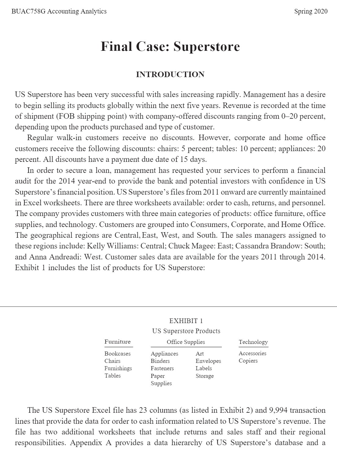  BUAC758G Accounting Analytics Spring 2020 Final Case: Superstore INTRODUCTION US Superstore