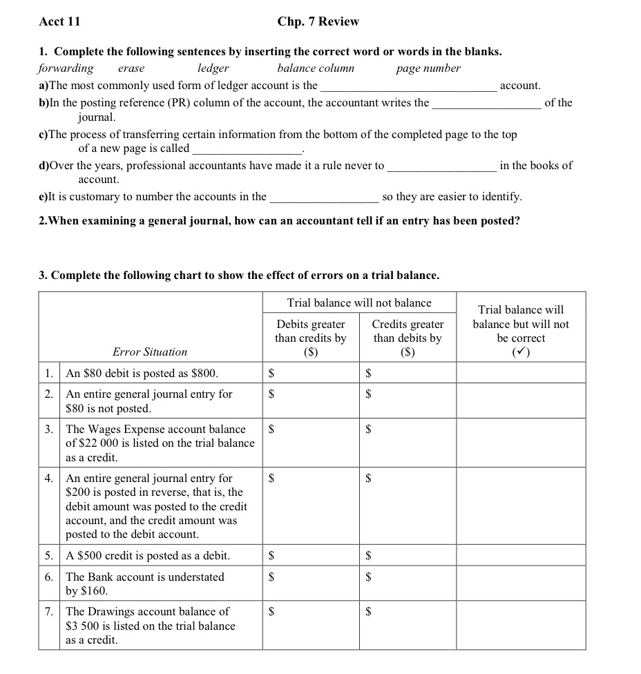 Please complete the chart and word question Acct 1 1 Chp. 7