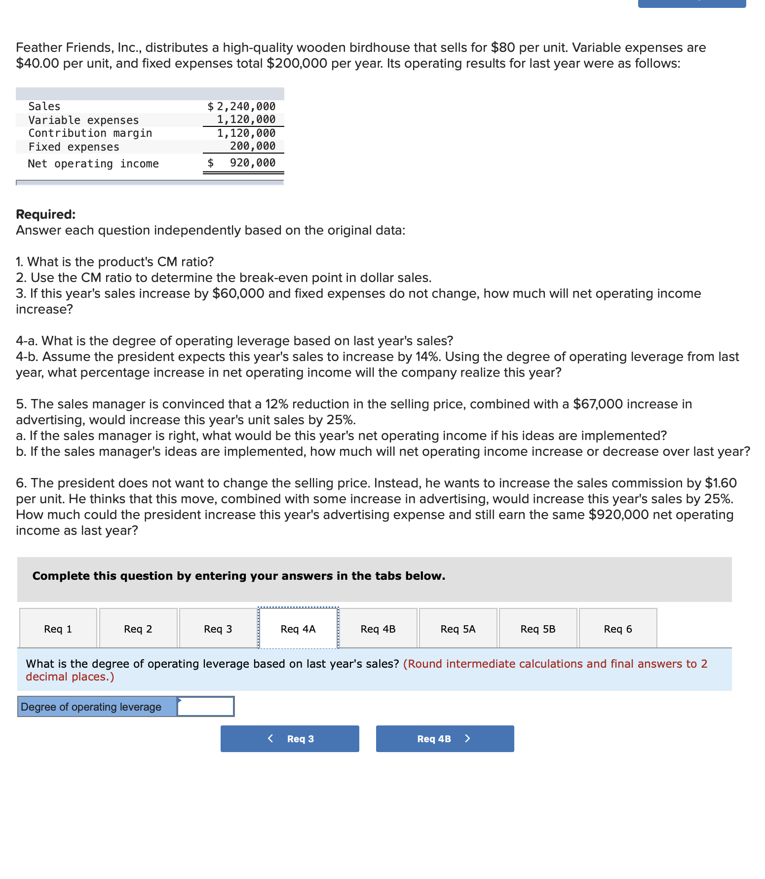 and xed expenses total $200,000 per year. Its operating results for last