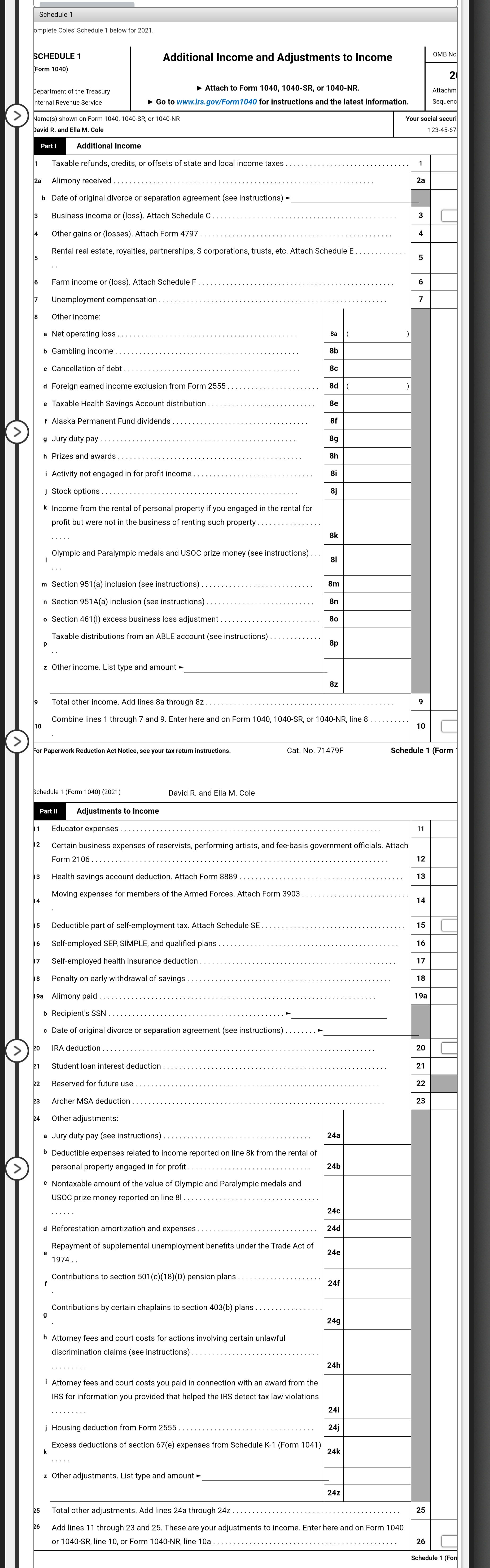 Form 1040 Complete the Coles' Form 1040. Form Department of the Treasury-Internal