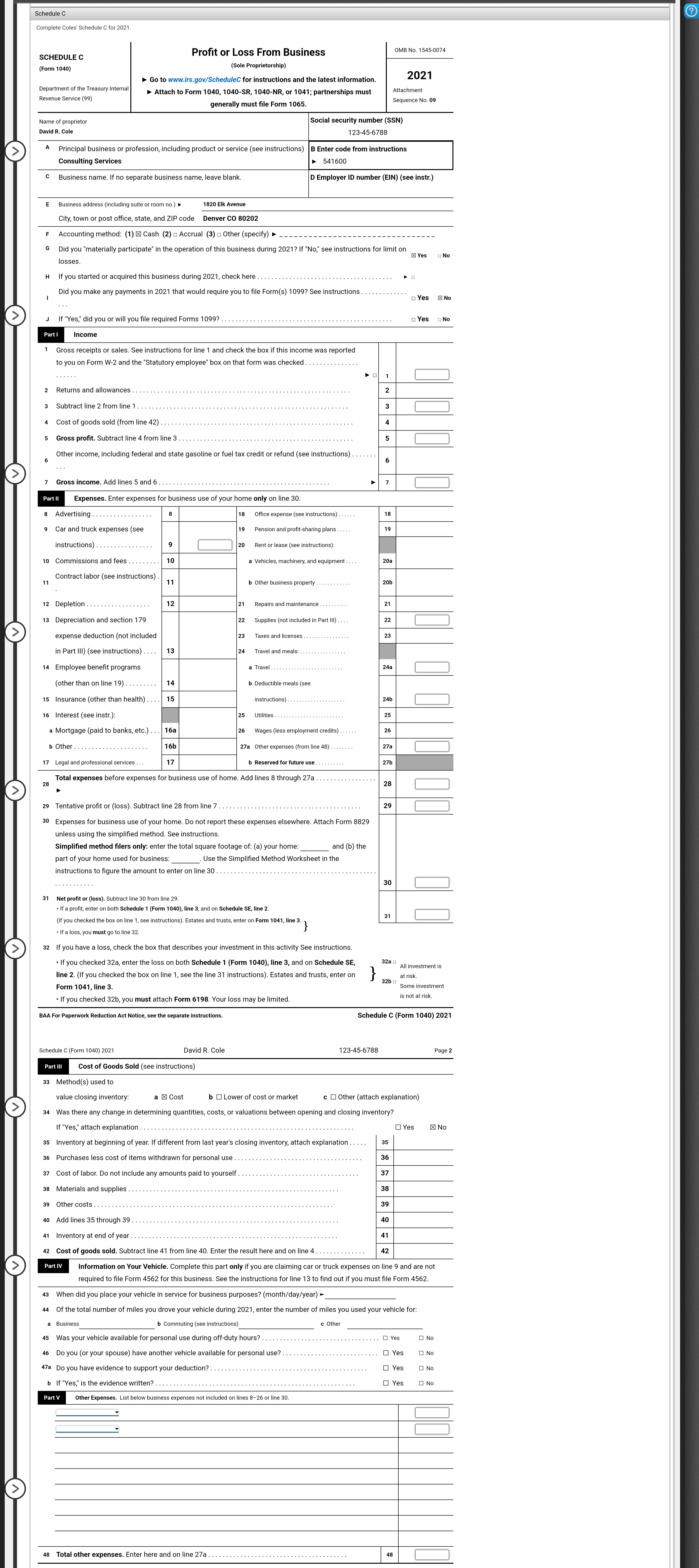 Your social securit David R. Cole 123-45-678 If joint return, spouse's first