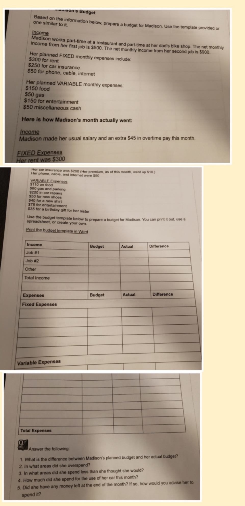 can you please solve and then answer 5 questions... uison's Budget one