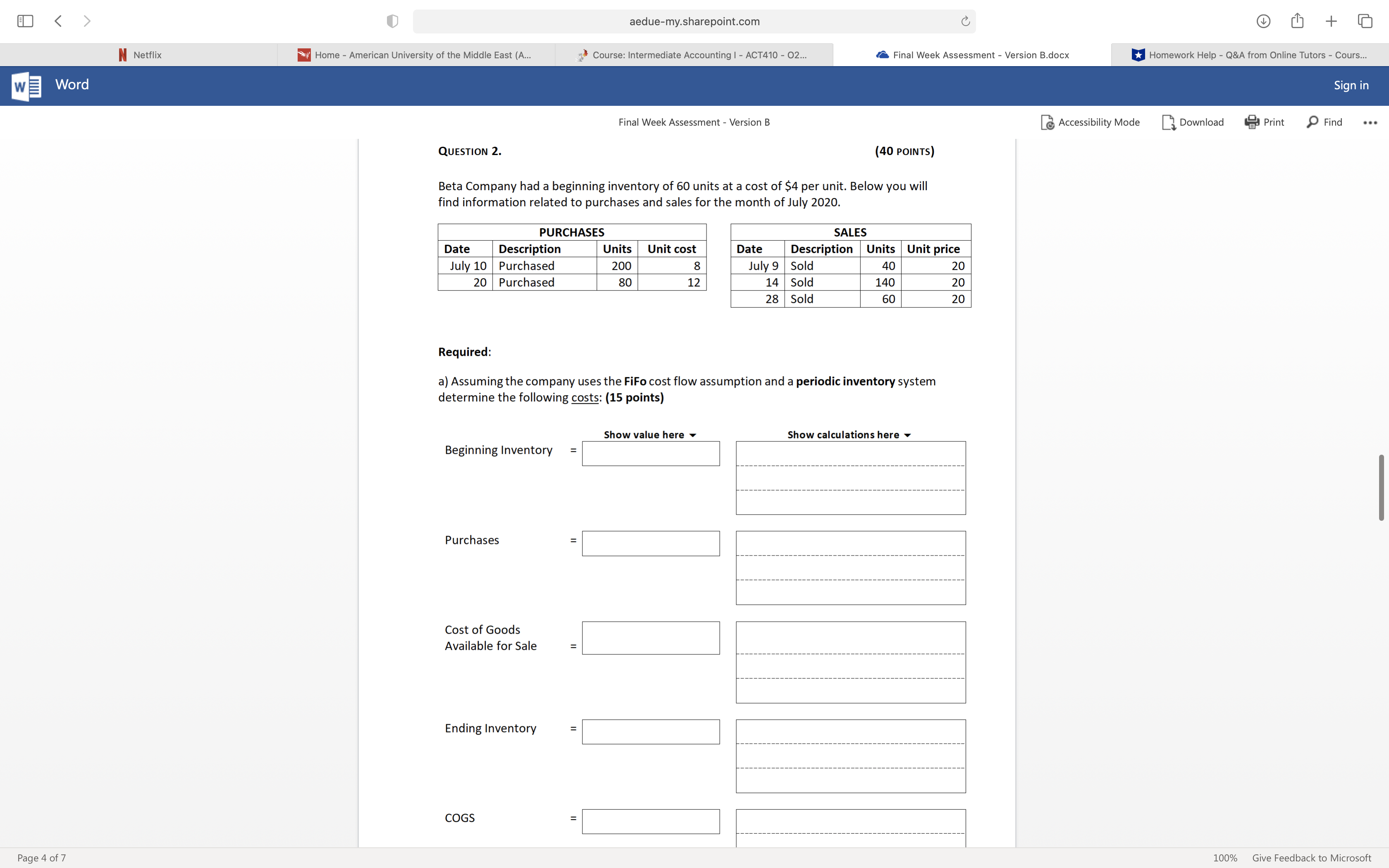 University of the Middle East (A... Course: Intermediate Accounting I - ACT410