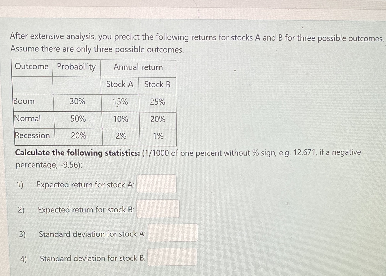 After extensive analysis, you predict the following returns for stocks A