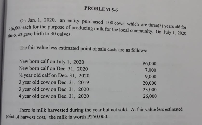  PROBLEM 5-6 On Jan. 1, 2020, an entity purchased 100 cows