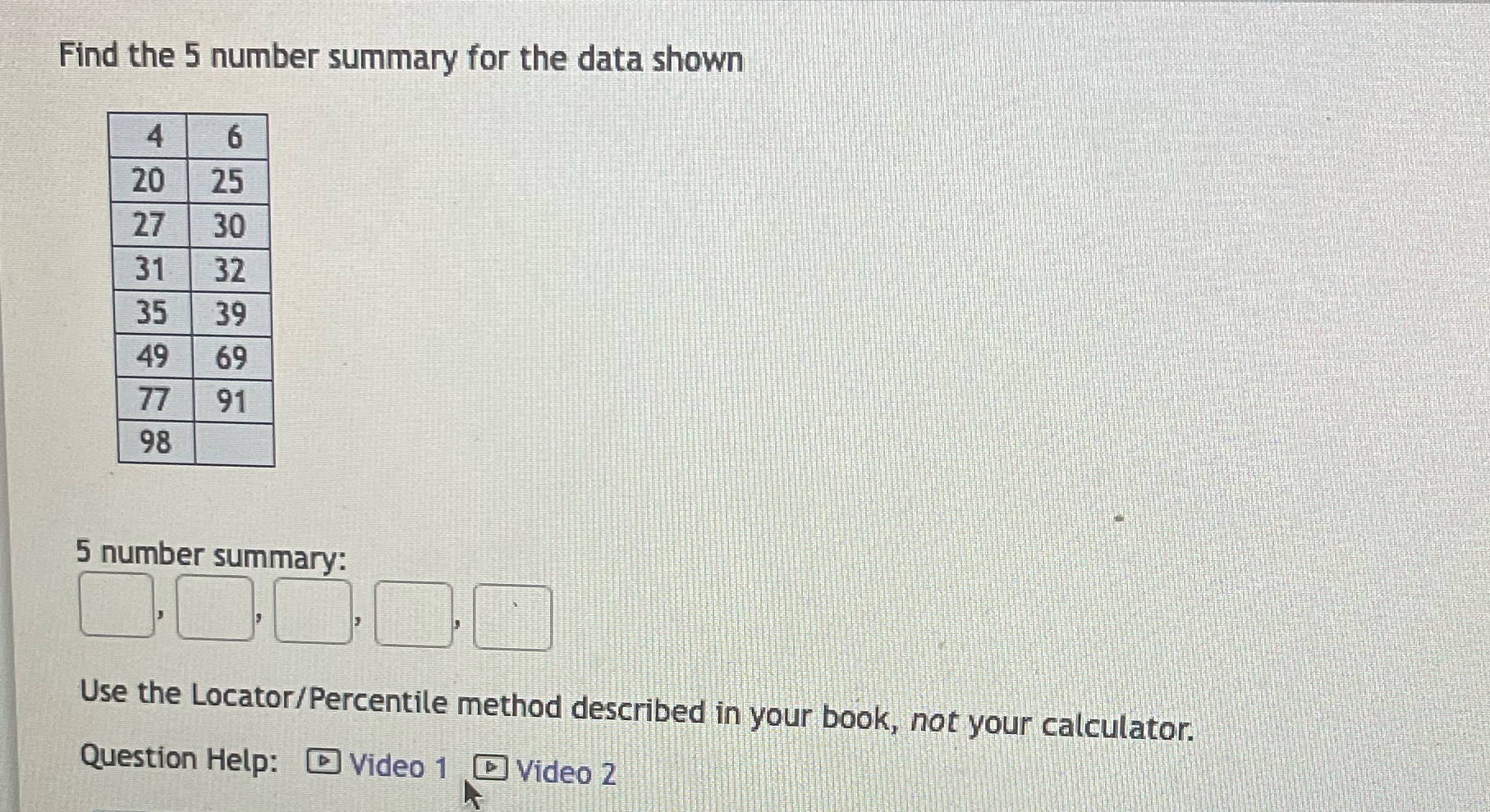 Question 9 Find the 5 number summary for the data shown 4