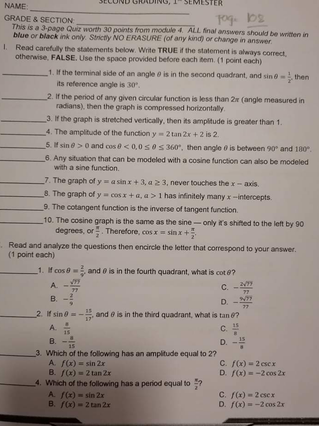 PRE CALCULUS SEMESTER NAME: GRADE & SECTION: page 108 This is a