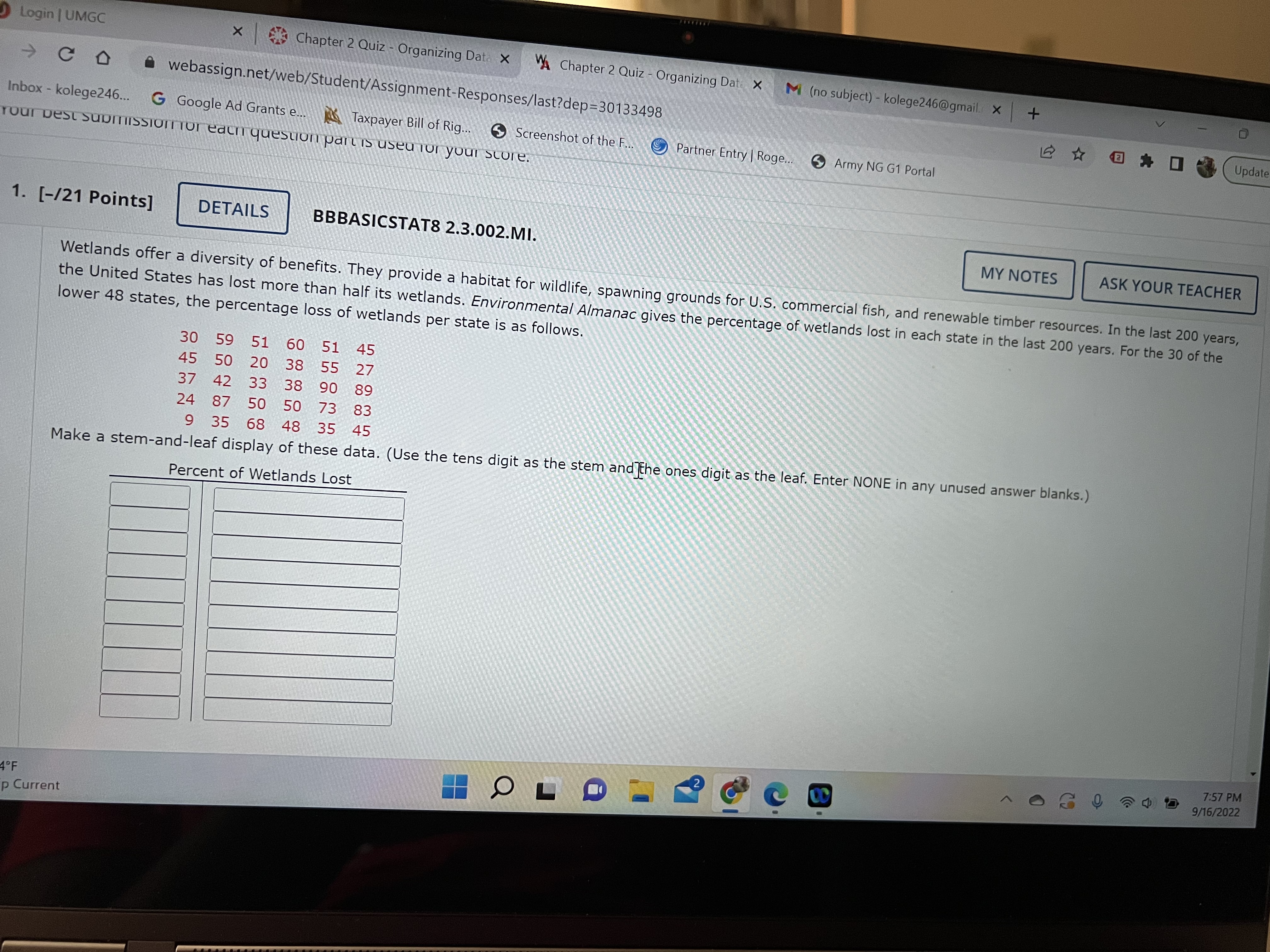 Login | UMGC X Chapter 2 Quiz - Organizing Dat. X