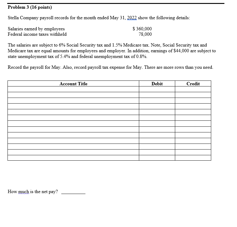 Problem 3 (16 points) Stella Company payroll records for the month
