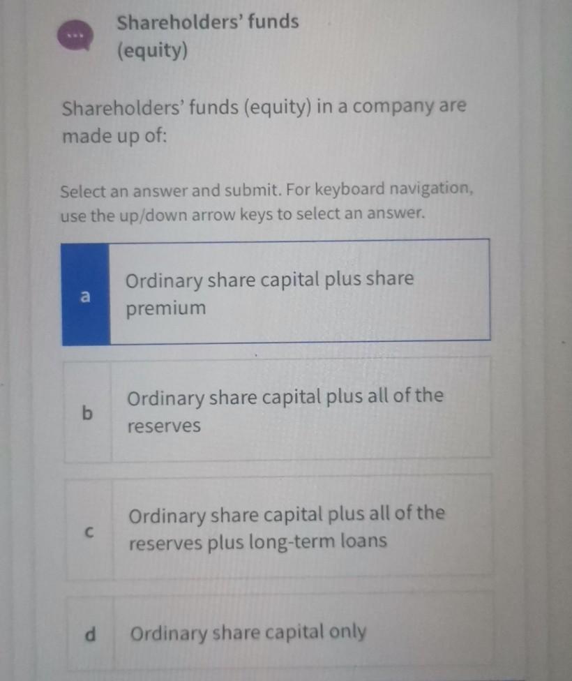  Shareholders' funds (equity) Shareholders' funds (equity) in a company are made