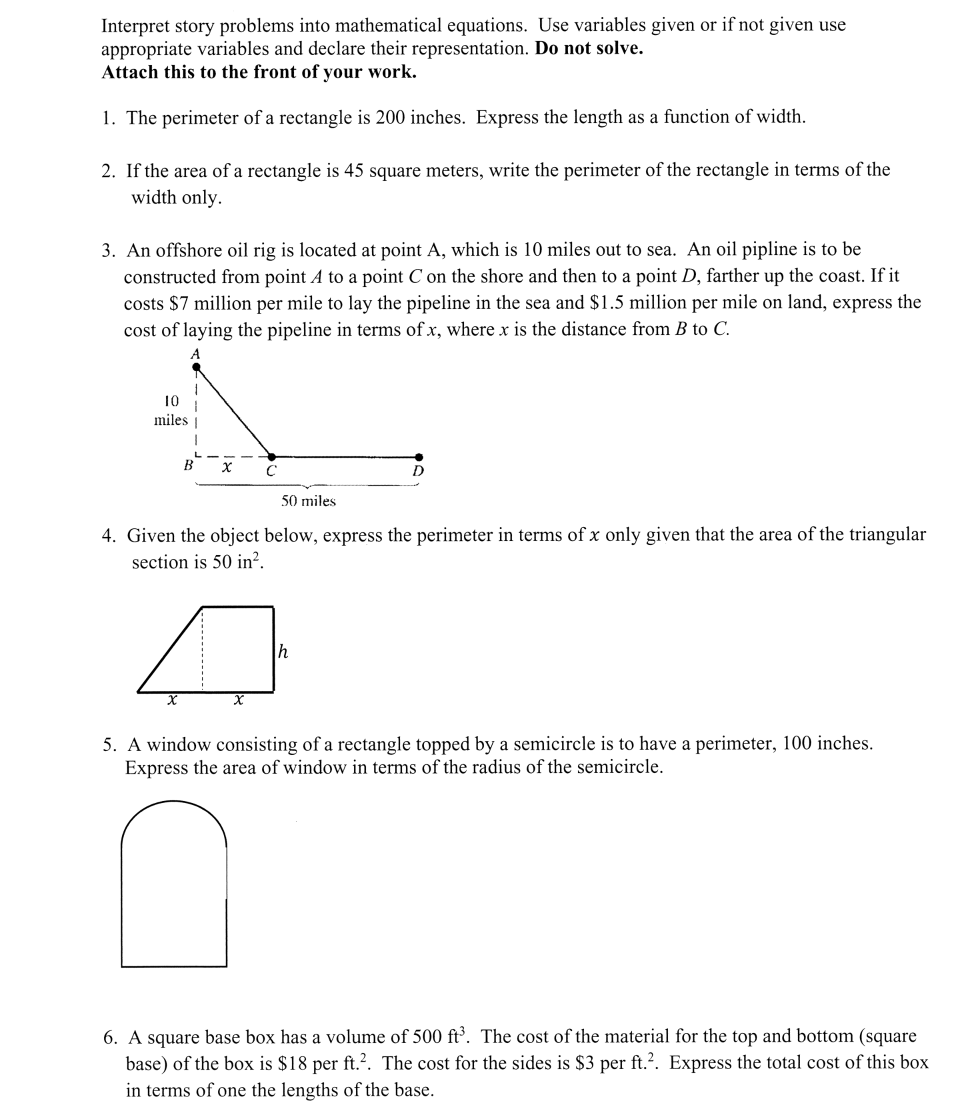  Interpret story problems into mathematical equations. Use variables given or if