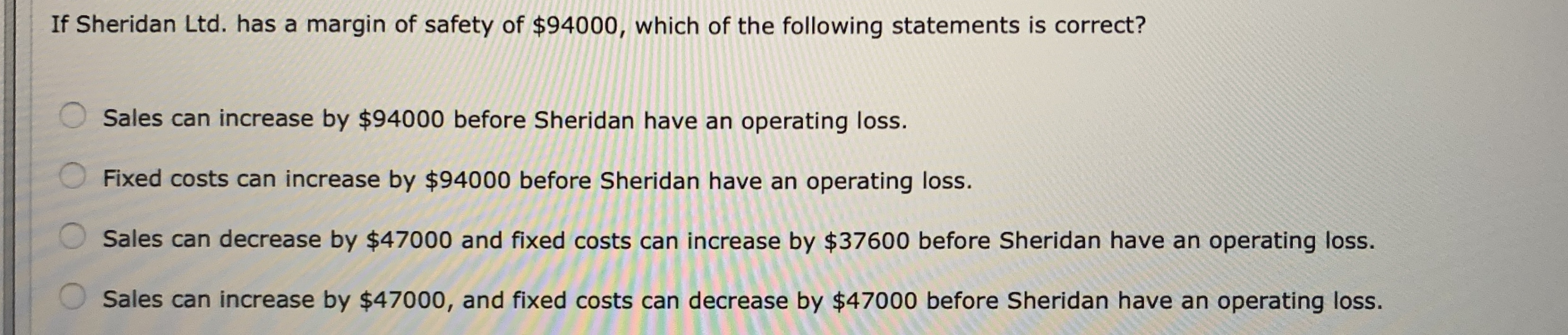 be? Needles, Inc. was evaluating its margin of safety. Which one of