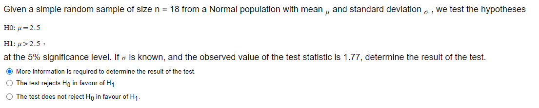 Given a simple random sample of size n = 18 from a