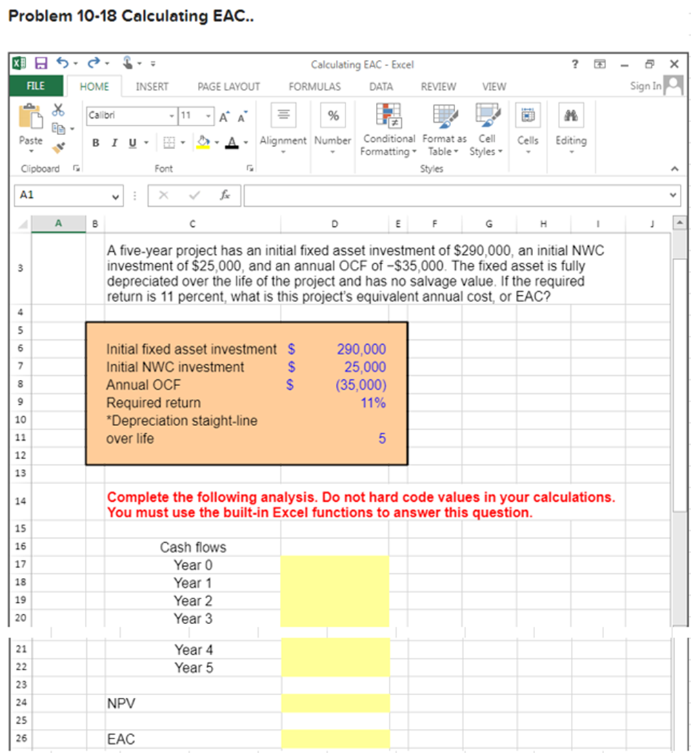 Problem 10-18 Calculating EAC.. Calculating EAC - Excel HOME INSERT CSibri PAGE