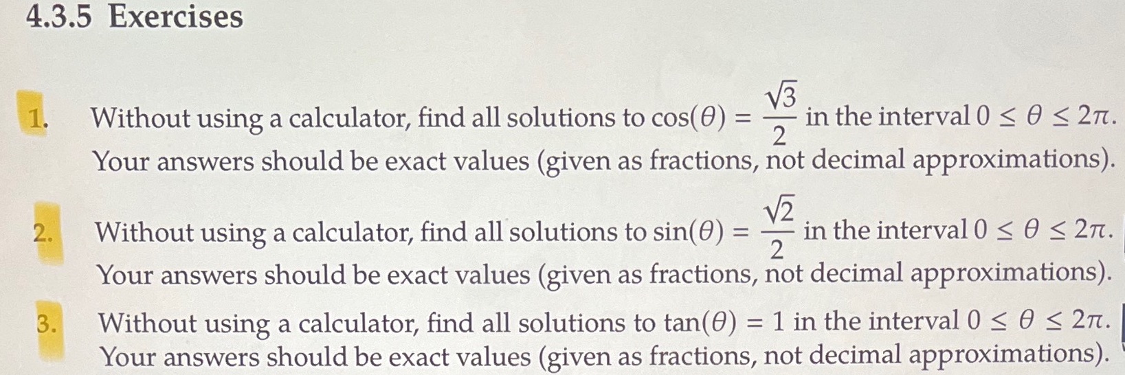 4.3.5 Exercises 1. 2. 3. = in the interval 0 0 2Tt.