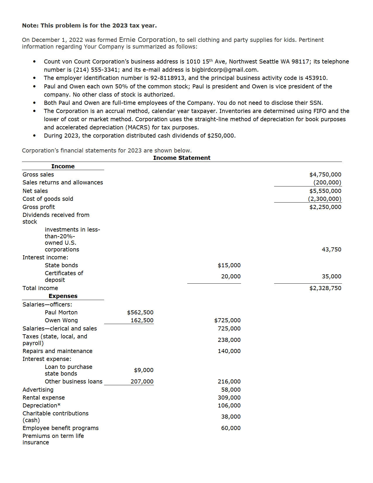  Note: This problem is for the 2023 tax year. On December