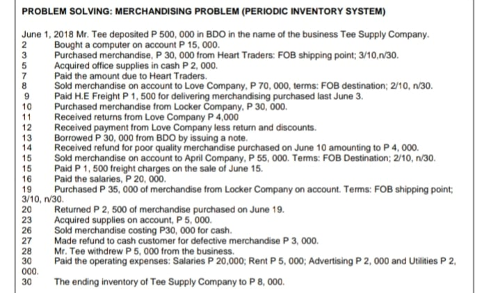  PROBLEM SOLVING: MERCHANDISING PROBLEM (PERIODIC INVENTORY SYSTEM) June 1, 2018 Mr.