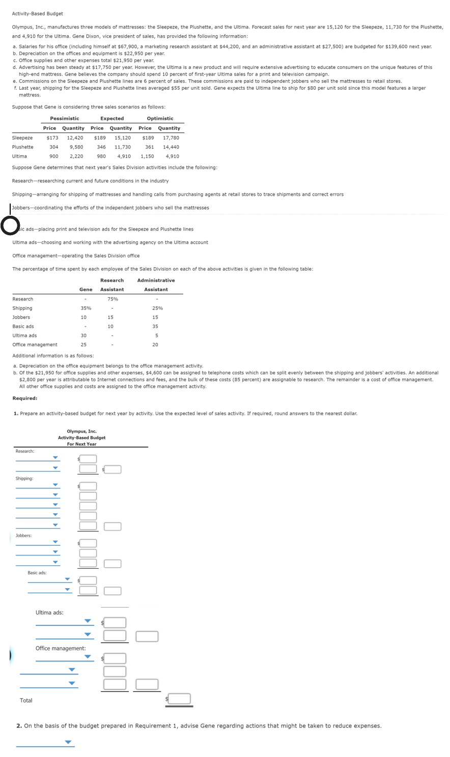 Can you help me with this question? thanks Activity-Based Budget Olympus, Inc.,