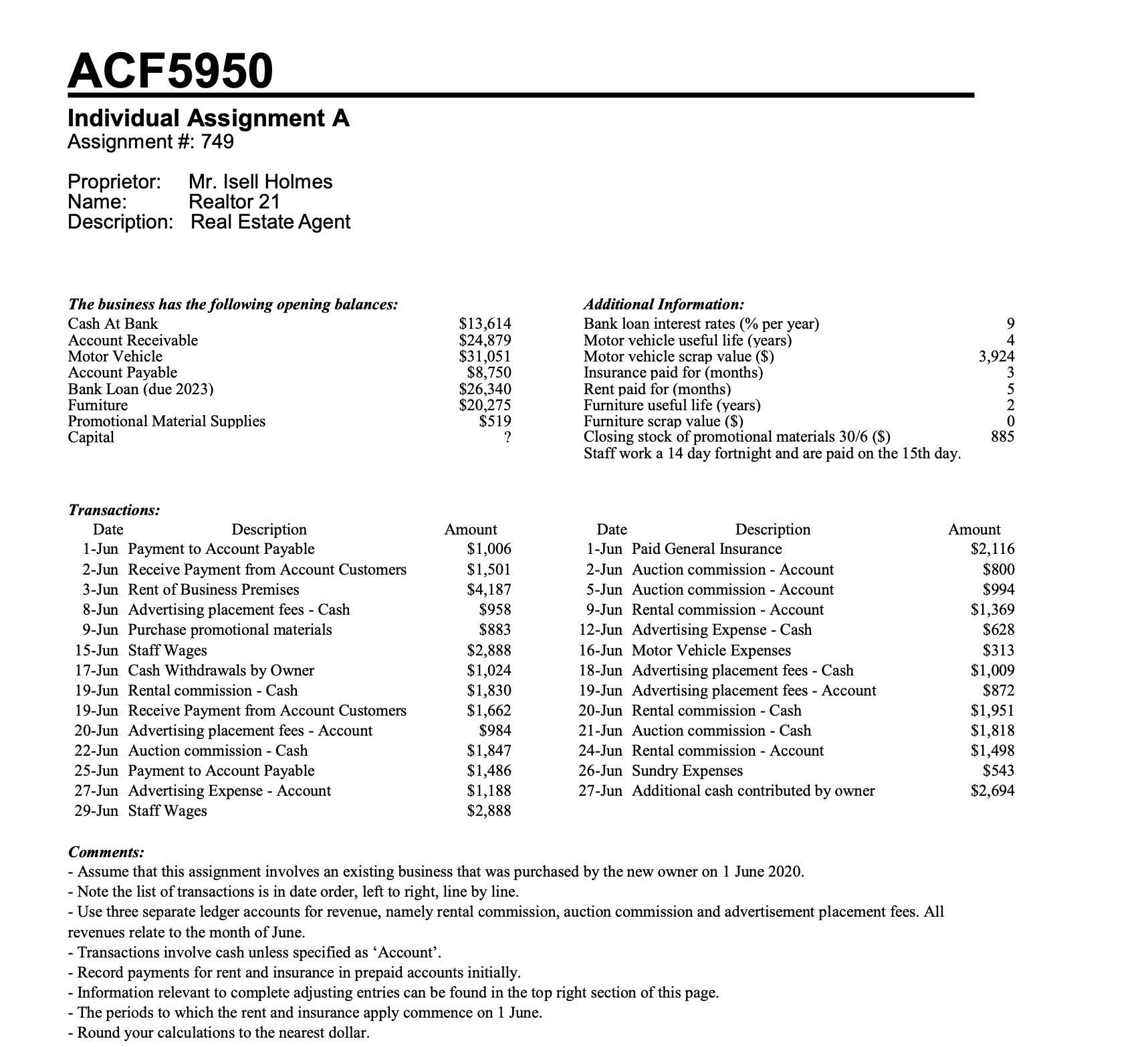  ACF5950 Individual Assignment A Assignment #: 749 Proprietor: Mr. lsell Holmes