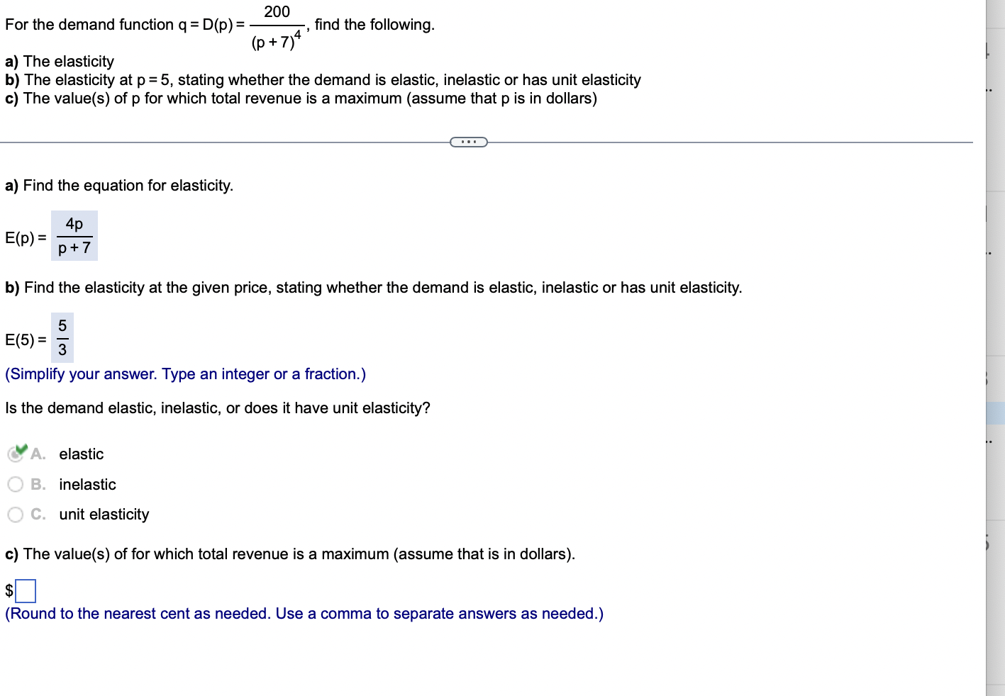  For the demand function q = D(p) = 4 , nd