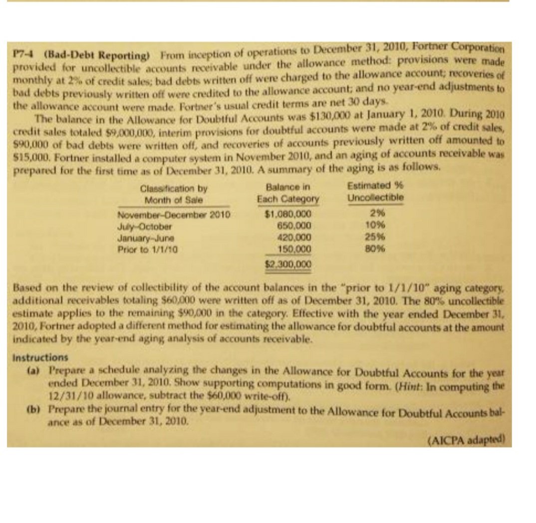 please if you can help me with this problem, thanks P7-4 (Bad-Debt