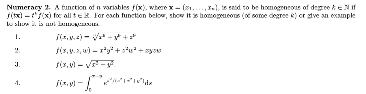  Numeracy 2. A function of n variables f(x), where x =