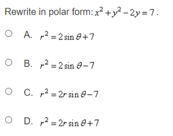 D. ( x - 3)2+)2=9Rewrite in rectangular form: r = 5. O