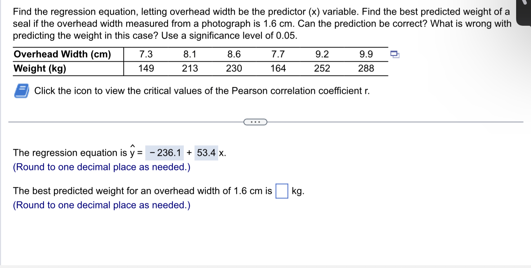 Find the regression equation, letting overhead width be the predictor (x)